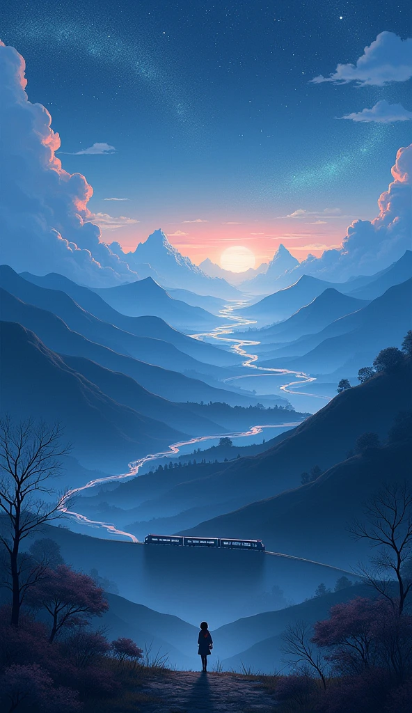 High quality masterpieces, landscapes, clouds, anime train passing through dead bodies&#39;water on trails in the distance, bright starry sky. traveller, romantic lights, pixiv, conceptual artwork, lofi art style, reflection. makoto shinkai, arte rophy, cute anime dinners, Anime scenario, detailed scenery – width 672, makoto shinkai's style, makoto shinkai's style, enhanced details.  