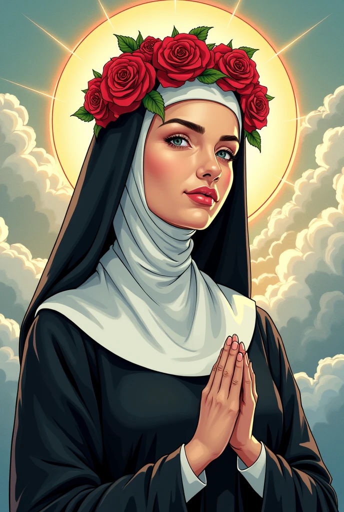 Create a manga about Santa Rosa de Lima, with roses in her head, your habit, a heavenly landscape reflecting her values as a saint, reflects a message 