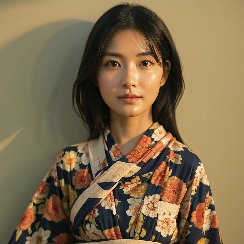 A hyper-realistic image of a single Japanese woman in her early 20s, captured from the shoulders up with the nostalgic warmth and subtle graininess of a film camera. She is wearing a traditional yukata with a vibrant, cute design featuring bold and colorful floral patterns such as cherry blossoms and peonies in shades of pink, red, and lavender, set against a soft pastel background. The obi is elegantly tied with a complementary color, adding a playful touch. The fabric of the yukata appears naturally lightweight, with visible folds and textures that enhance its realism, draping gracefully over her shoulders. Her skin, seen clearly from the shoulders up, has a warm beige tone with a highly realistic, slightly rough texture, showcasing visible pores, fine lines, and minor blemishes, along with subtle unevenness, such as delicate dryness around the cheeks and small natural shadows under the eyes. The lighting is soft and subdued, replicating the gentle, diffused natural light of an overcast day or early evening, creating realistic shadows across her face. These shadows subtly contour her cheekbones, nose, and jawline, adding depth and dimension to her facial features, enhancing the lifelike quality of her skin texture. Her straight, glossy black hair frames her face naturally, slightly tousled, adding to the authenticity of her look. Her deep brown eyes reflect the ambient light, providing depth and a natural, lifelike shine. The film camera effect introduces a noticeable grain and a soft focus, giving the image a warm, nostalgic atmosphere while maintaining the raw, lifelike quality of her skin. The composition is centered solely on her, capturing her serene and understated elegance, focusing closely on the detailed textures of the yukata and the authentic, natural skin texture, with dynamic lighting and shadow play that mimics a real-life photograph.