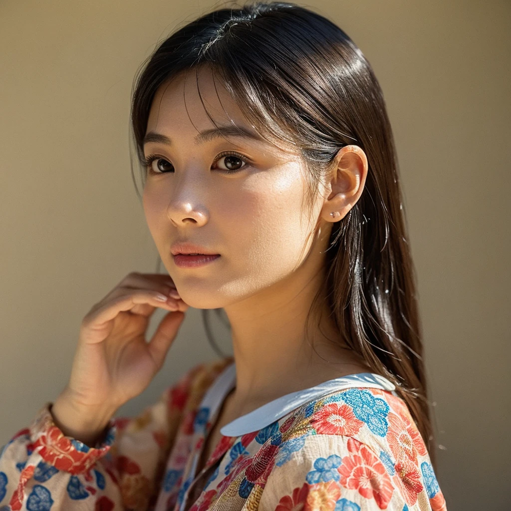 A hyper-realistic image of a single Japanese woman in her early 20s, captured from the shoulders up with the nostalgic warmth and subtle graininess of a film camera. She is wearing a traditional yukata with a vibrant, cute design featuring bold and colorful floral patterns such as cherry blossoms and peonies in shades of pink, red, and lavender, set against a soft pastel background. The obi is elegantly tied with a complementary color, adding a playful touch. The fabric of the yukata appears naturally lightweight, with visible folds and textures that enhance its realism, draping gracefully over her shoulders. Her skin, seen clearly from the shoulders up, has a warm beige tone with a highly realistic, slightly rough texture, showcasing visible pores, fine lines, and minor blemishes, along with subtle unevenness, such as delicate dryness around the cheeks and small natural shadows under the eyes. The lighting is soft and subdued, replicating the gentle, diffused natural light of an overcast day or early evening, creating realistic shadows across her face. These shadows subtly contour her cheekbones, nose, and jawline, adding depth and dimension to her facial features, enhancing the lifelike quality of her skin texture. Her straight, glossy black hair frames her face naturally, slightly tousled, adding to the authenticity of her look. Her deep brown eyes reflect the ambient light, providing depth and a natural, lifelike shine. The film camera effect introduces a noticeable grain and a soft focus, giving the image a warm, nostalgic atmosphere while maintaining the raw, lifelike quality of her skin. The composition is centered solely on her, capturing her serene and understated elegance, focusing closely on the detailed textures of the yukata and the authentic, natural skin texture, with dynamic lighting and shadow play that mimics a real-life photograph.