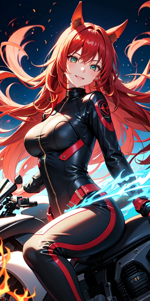 1 person,woman,Medium long hairstyle,Red Hair,Blue Flame, Vortex of flames,wallpaper, Wind景,Depth of written boundary, night, Particles of light, light, Side light, Thighs,****, cloud,Gaze, Large Breasts, Green Eyes, Horse ears, Bright smile,Open your mouth,Wind,Riding a red motorcycle,vehicle,Driving,Straddle,Riders jacket,Riders pants,sunglasses, 