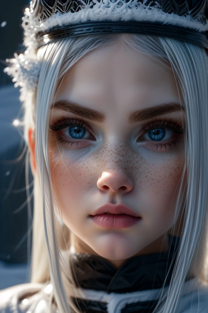 very beautiful woman, perfect face, long white hair, small sharp face, perfect big blue eyes, thin arched eyebrows, very thick and long eyelashes, close up face, freckles, small nose, black winged eyeliner, front view, looking at viewer, super white skin, russian soft small features, in the snow 