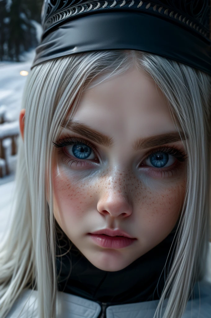 very beautiful woman, perfect face, long white hair, small sharp face, perfect big blue eyes, thin arched eyebrows, very thick and long eyelashes, close up face, freckles, small nose, black winged eyeliner, front view, looking at viewer, super white skin, russian soft small features, in the snow 