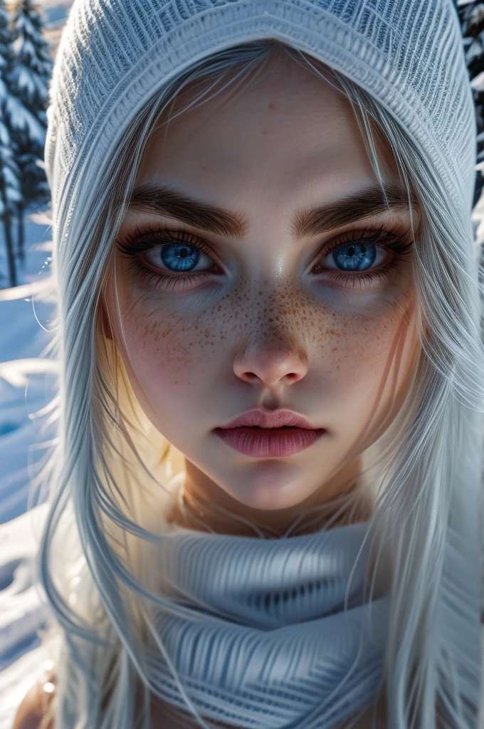 very beautiful woman, perfect face, long white hair, small sharp face, perfect big blue eyes, thin arched eyebrows, very thick and long eyelashes, close up face, freckles, small nose, black winged eyeliner, front view, looking at viewer, super white skin, russian soft small features, in the snow