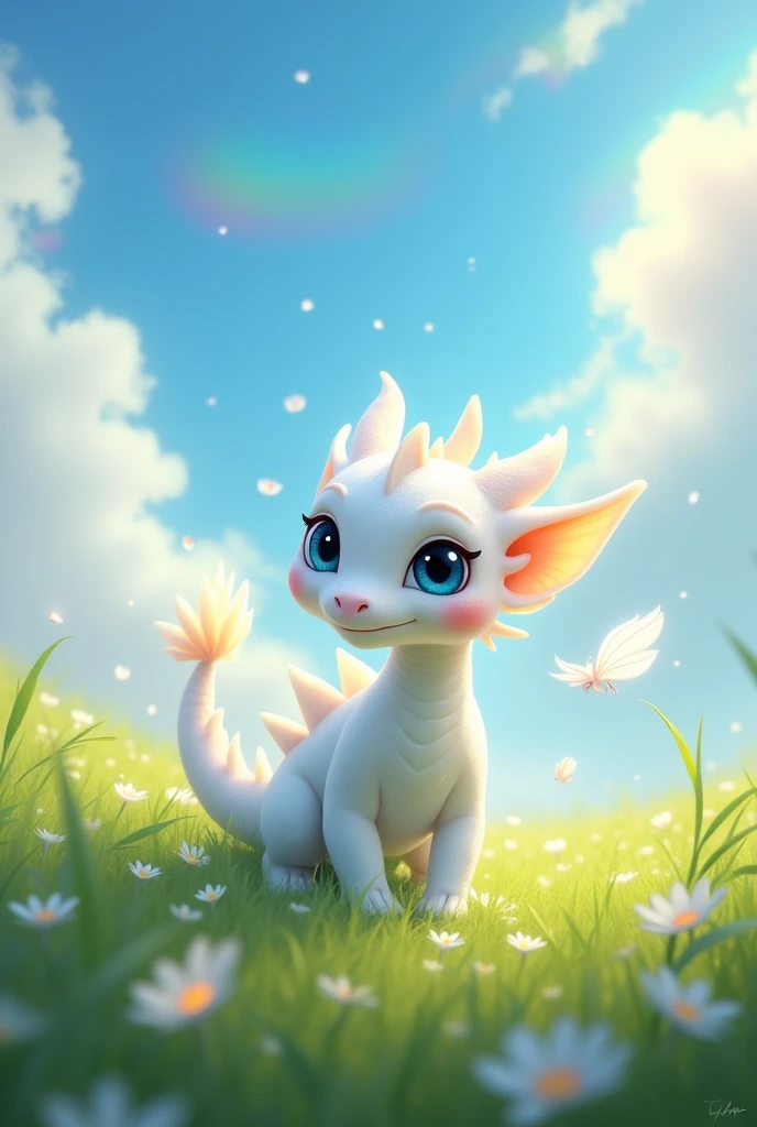pure white baby dragon, I'm walking through the grass and playing with tiny glowing white light spirits.. There is a blue sky and rainbow colored clouds..