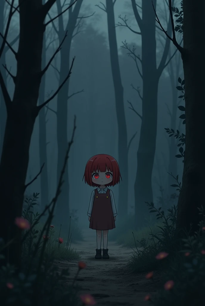 [[Clannad style]], [[a cute girl with short hair with red bangs]], [[red eyes]], [[gloomy, dark forest background]], [[poor natural lighting]], [[great quality]],[[masterpiece]], [[best artist]], [[best performance]], [[16k quality]], [[HDR+]]