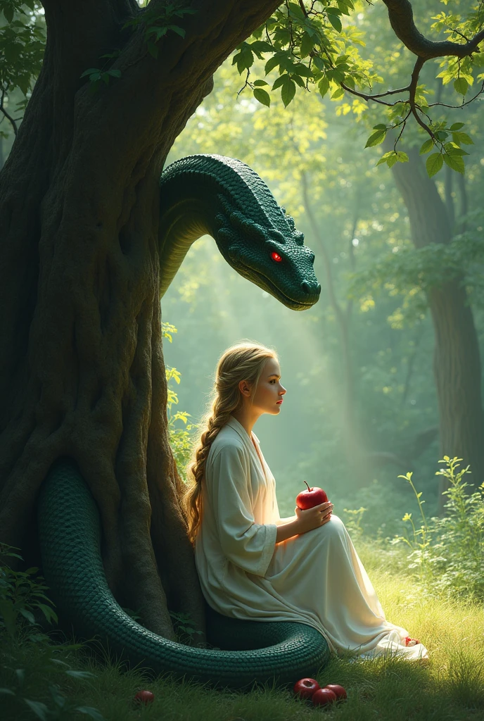 Strong, slender reptilian with dark green scales and red eyes,  observe from behind a tree, a blonde woman in a simple white robe with braids eating an apple 