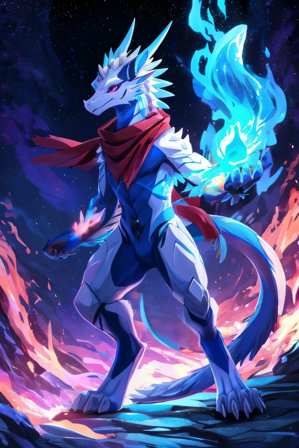 (anime), (front facing), (looking at the camera), slim furry white dragon using fire magic, blue secondary body color, (black, magenta and blue complimentary colors), spikes, very long muzzle, neck and tail fur, digitigrade, creative horns, feathers, dark gradient, (wearing only a scarf), body markings, nature background, full body