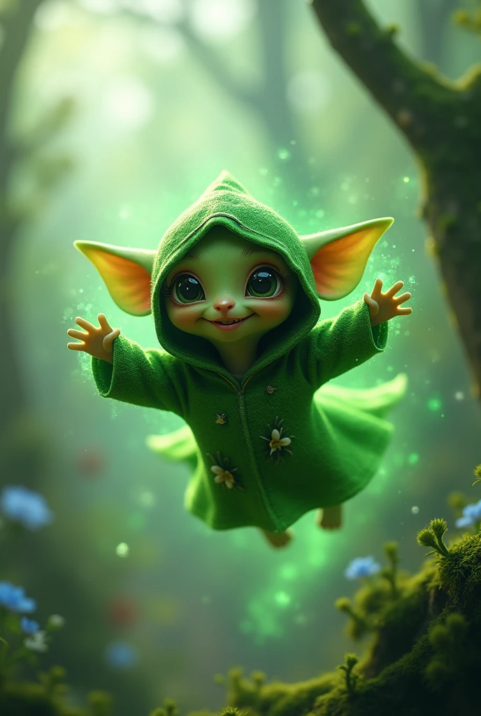 Gremblin flying with green aura , with green clothes and hood