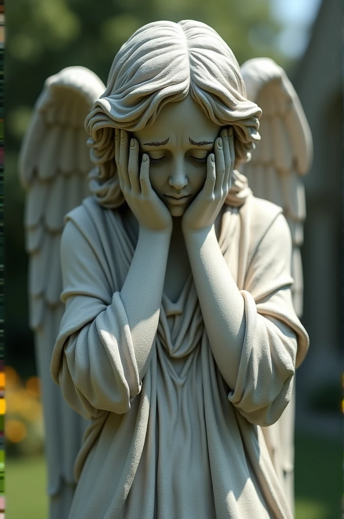 Realistic image of an angel statue covering its ears with its hands 