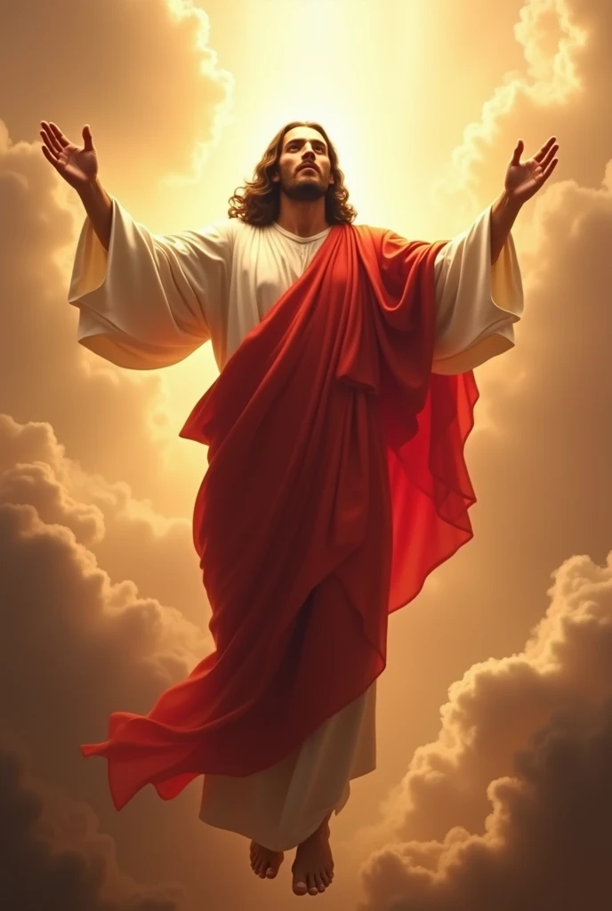 jesus christ with red blood robe risen in air and wave at us