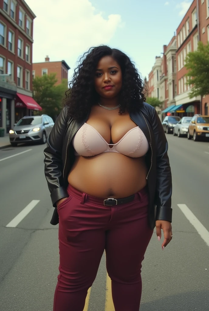 Pov when you accidentally meet Cardi B's fat, curvy, plus size mother who looks full and is pregnant and wearing a jumbo-sized and sagging bra on the side of the road. fisheye camera view, iphone camera style. 8k hd, realface, cinematic, highly detailed, extreme long shot, high quality shapering