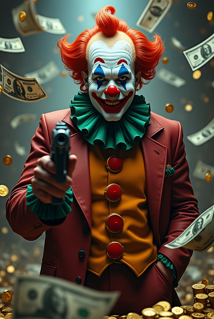 A profile picture with a background full of money with a clown character marked holding a gun