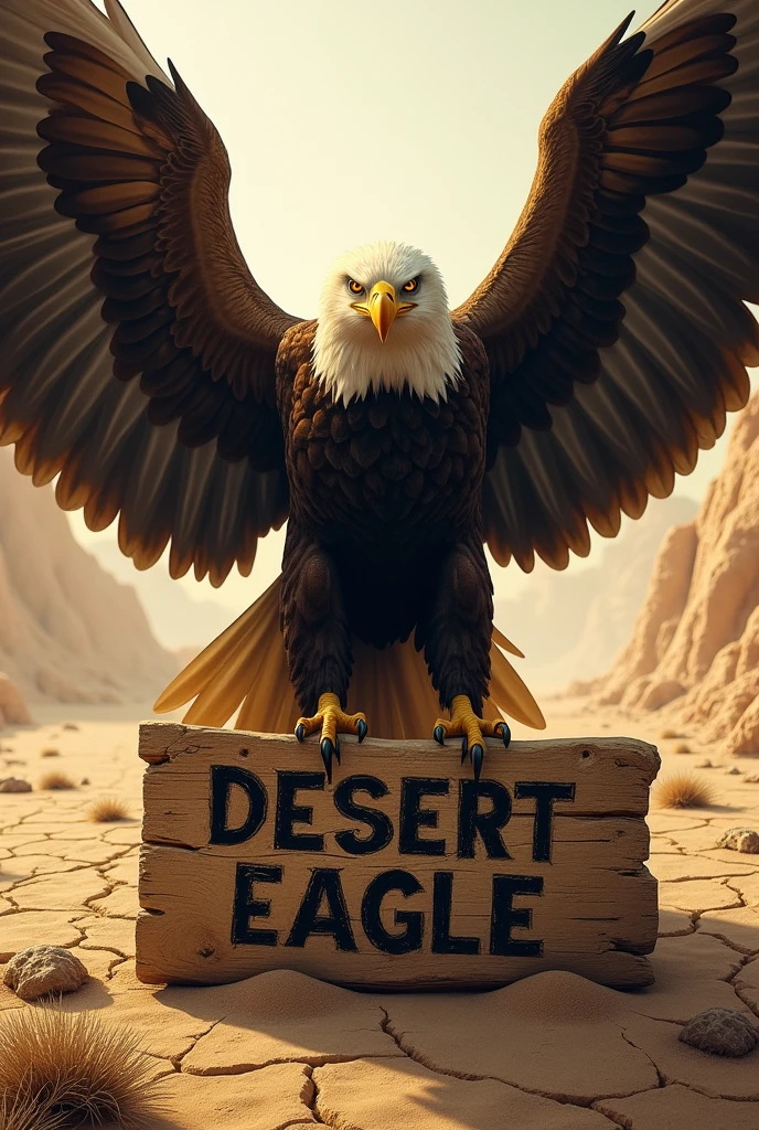 Eagle wings open rock, eagle as semblance of evil, in the cracked desert holding a piece of wood in its claws with the word Desert Eagle written on it in capital letters 
