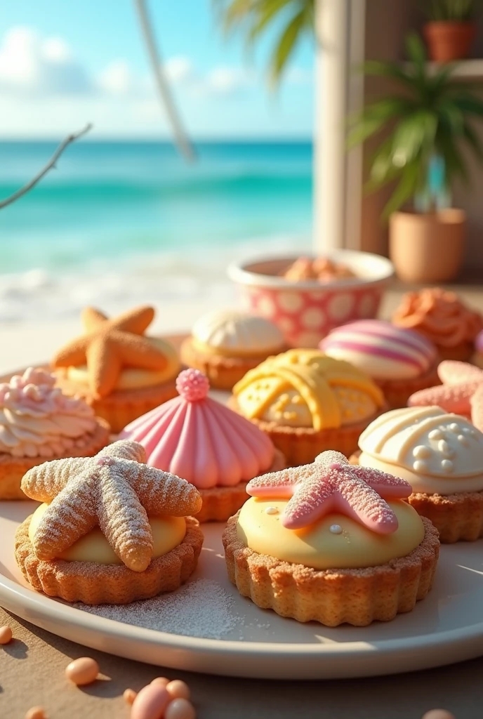 Sweets in the shape of shells and starfish in a beachside bakery