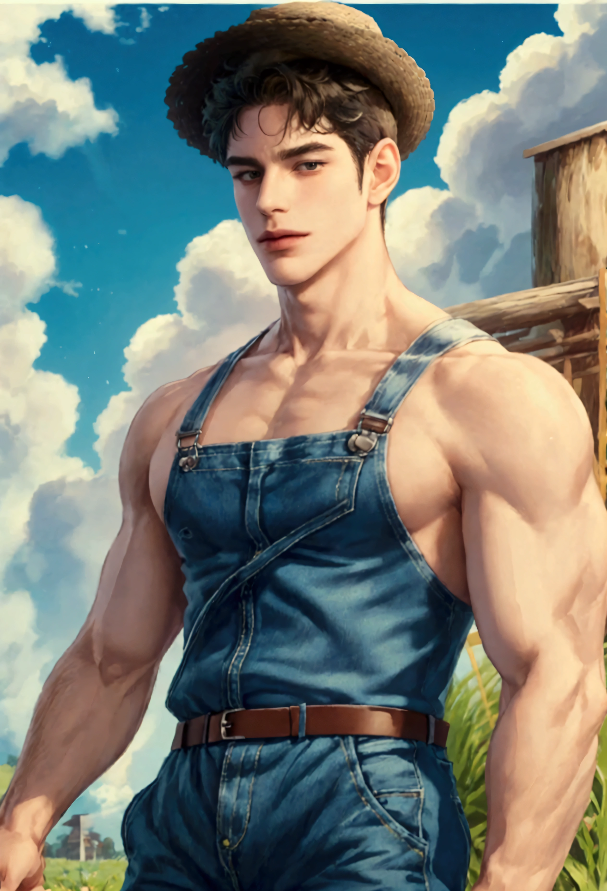 masterpiece, best quality, 1man, adult, male focus, solo, short hair, denim overalls, muscular body, straw hat, extremely detailed summer background from the farm