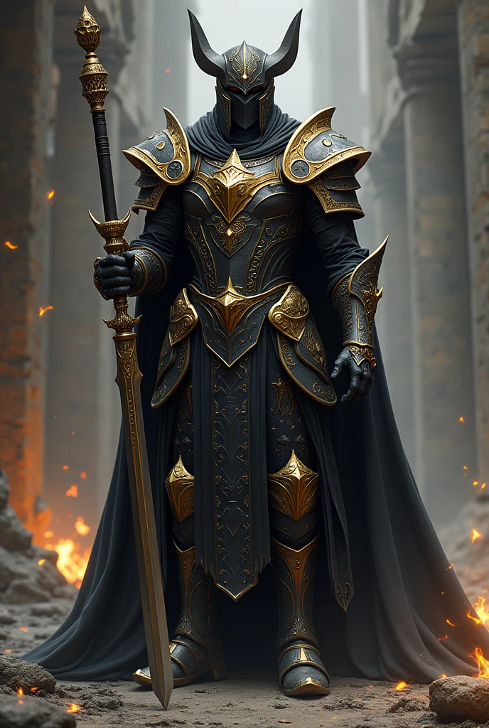 Hero:name: Aric Blackthorn Description: Aric is an imposing warrior in black-gold armor that glows with a magical aura.. He wields a Staff of the Apocalyptic Dragon and the Sword of the Destroyer of Worlds., a legendary weapon with immense destructive power. Its goal is to restore peace and protect the innocent.. And the staff of the apocalyptic dragon on his back