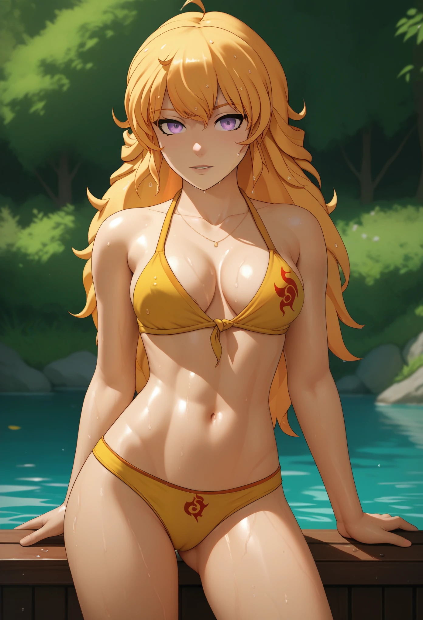 Yang xiao long, rwby, yellow  bikini, breasts focus, slim body, thin legs, large breats, outdoor, wet body, wet hair, open legs