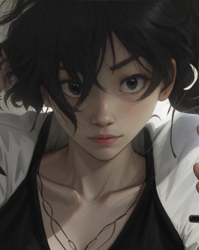 arafed woman in a black bikini top looking down at her cell phone, kim hyun joo, by Tadashi Nakayama, seseon yoon, by Yukihiko Yasuda, close - up portrait shot, eiko ishioka, by Kiyohara Tama, by Shinji Aramaki, by Kentaro Miura, paru itagakiHD, (best detail), (best quality), Two-dimensional,