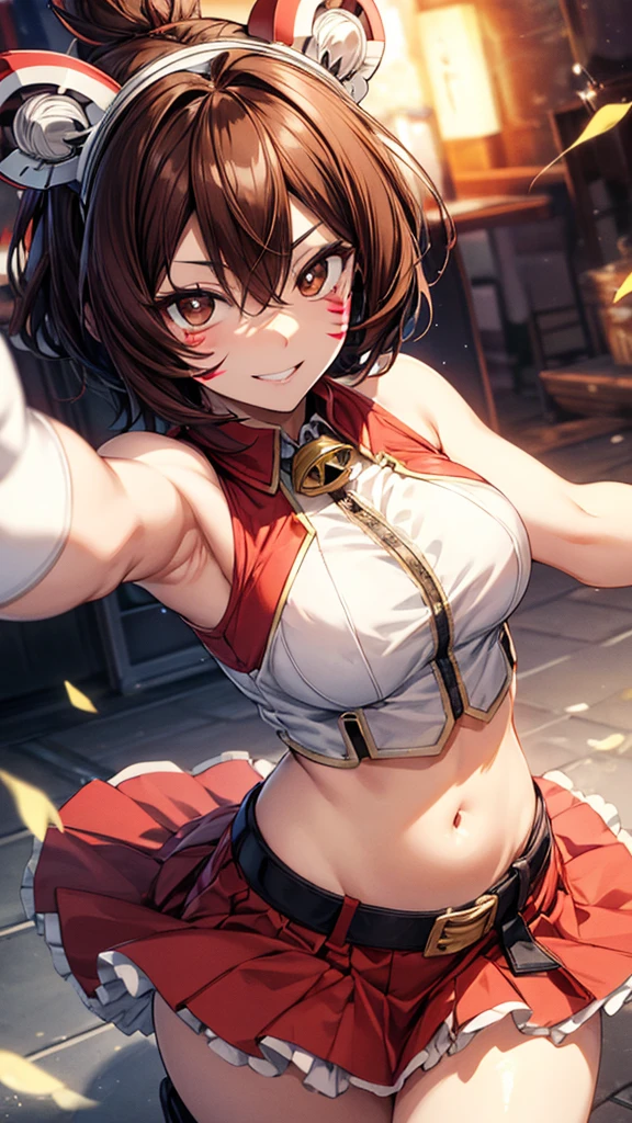 shinososaki, shino sosaki, short hair, brown hair, animal ears, hair between eyes, (brown eyes:1.5), headgear, facial mark, facepaint, smile,gloves,large breasts,topless,show off nipples, navel, sleeveless, midriff, bell, red skirt, neck bell, animal hands, masterpiece,Noise Reduction,perfect anatomy,high resolution, ultra-detailed, ultra-detailed face,game cg,dutch angle ,beautiful detailed eyes,visualart,five fingers, perfect hands, perfect lighting, sparkling pupils,