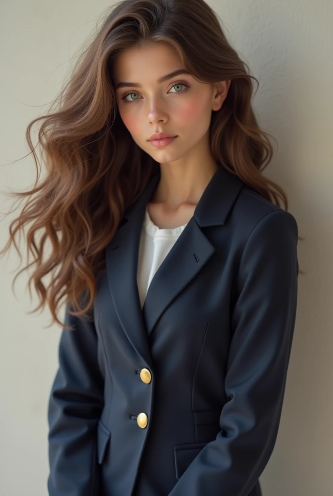 A beautiful female student with long curly brown hair, wearing a navy blue one piece school uniform that has golden buttons.