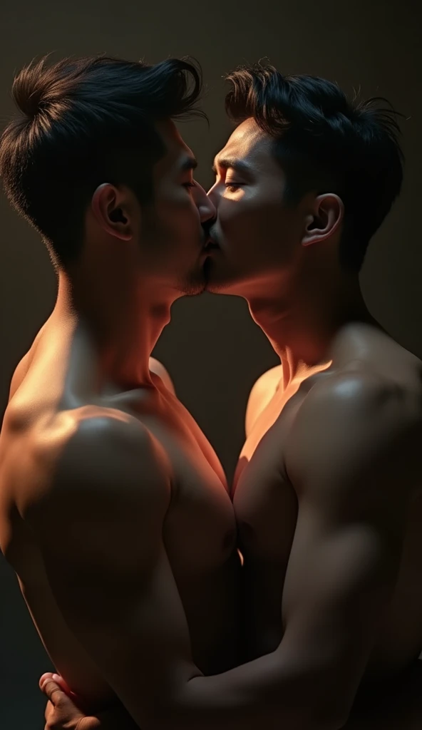 best quality, masterpiece, hyper realistic, extremely detailed, reflection in gilded mirror of two stocky asian men, kissing, half body, fill frame, extremely romantic atmosphere, dark cinematic lighting, extremely dramatic shadows, no background, perfect face, perfection, no signature, no logo