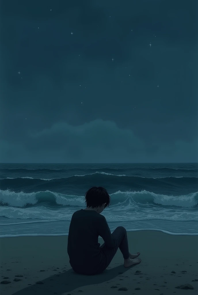 A disappointed person sitting on the seashore at night