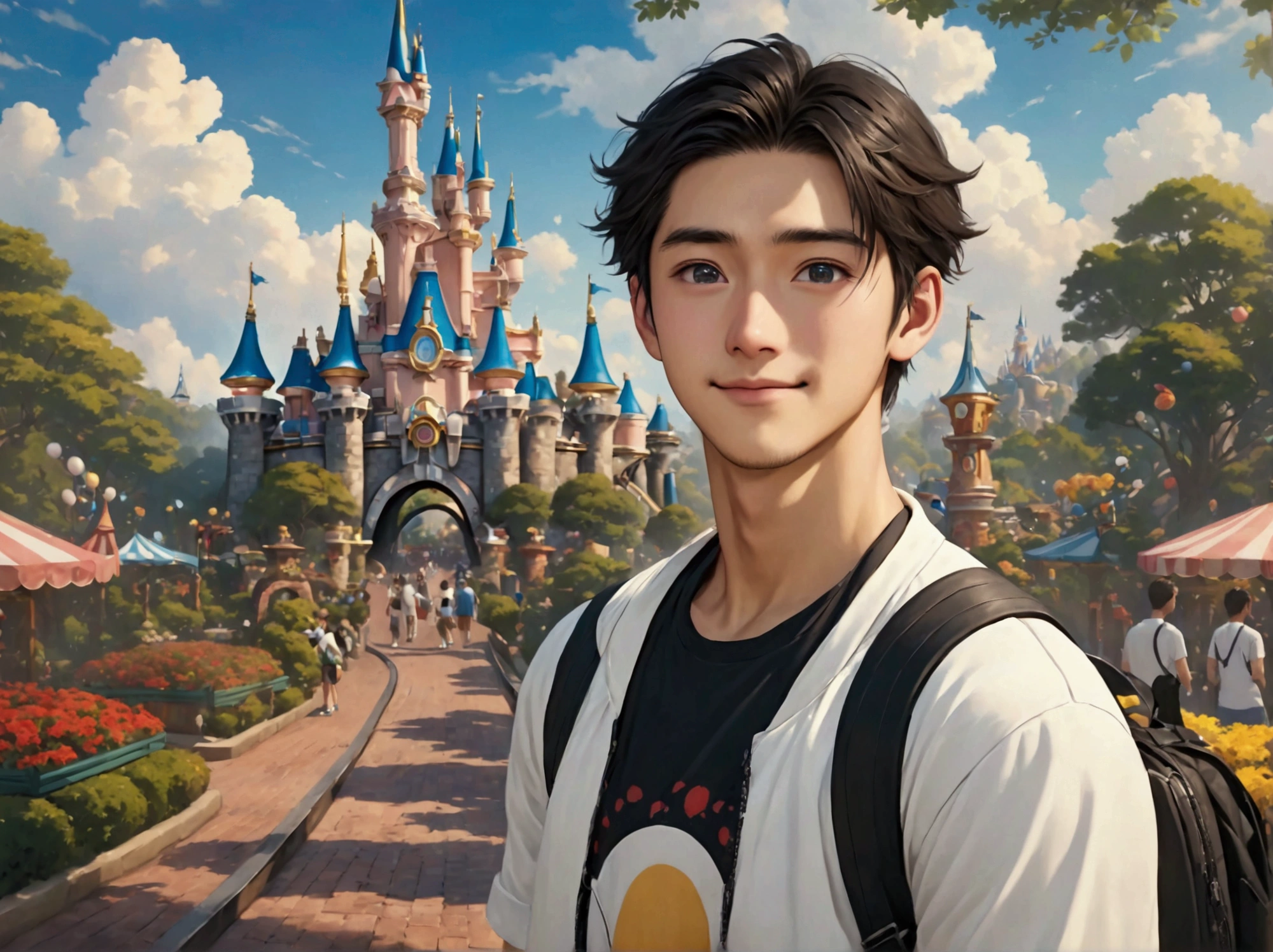 Japanese,25-30 years old, Handsome and sporty outfit , fair skin, black eyes(thin eyes 1:3), (Super detailed, Realistic, best quality, 4K, 8k, High resolution, masterpiece:1.3), The background is Disneyland tomorrow land. he is very happy