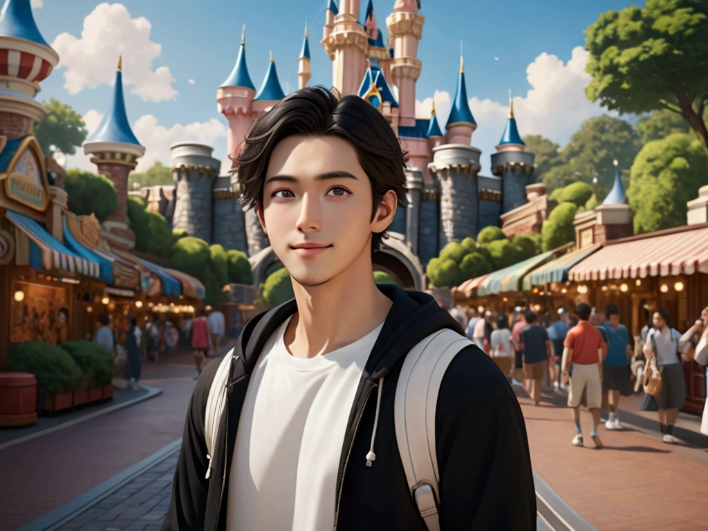 Japanese,25-30 years old, Handsome and sporty outfit ， fair skin, black eyes（thin eyes 1：3), (Super detailed, Realistic, best quality, 4K, 8k, High resolution, masterpiece:1.3),  The background is Disneyland tomorrow land. he is very happy