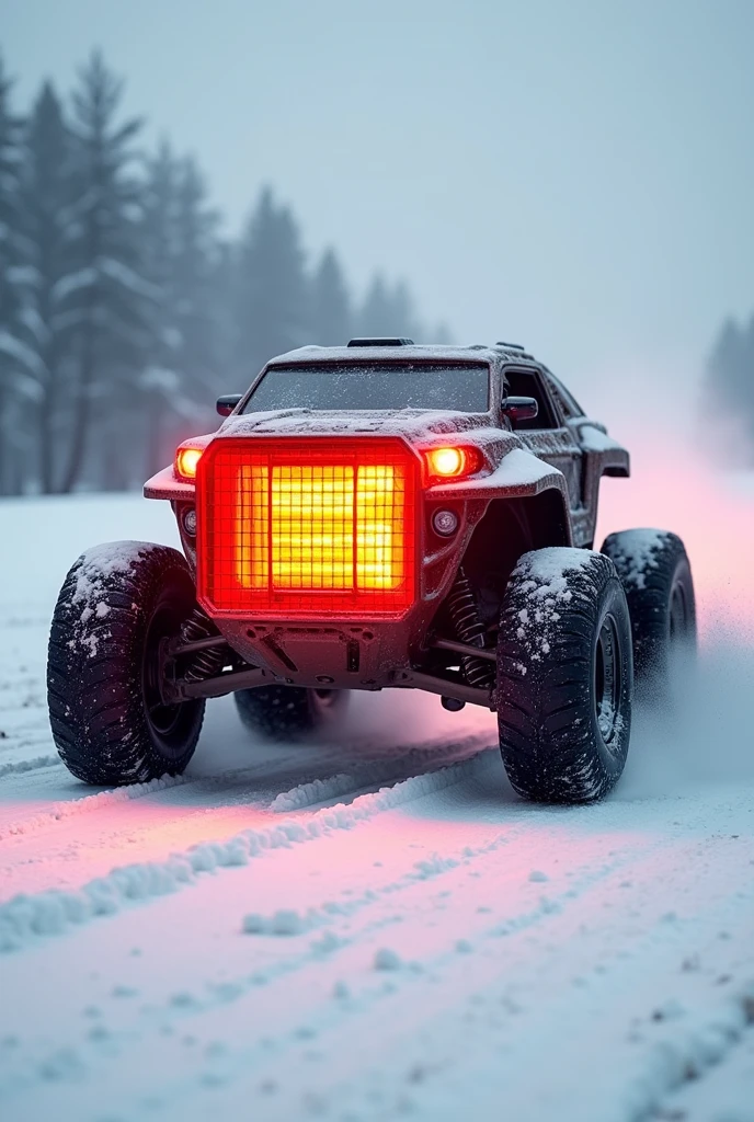 A wheeled heater with a red front due to the heat it radiates., It has 4 wheels with sports tires and travels at high speed on a snowy road. very marked details