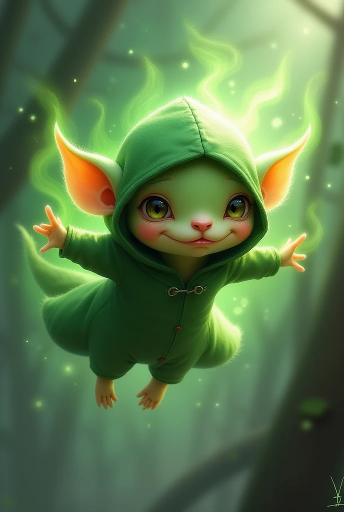 Gremblin flying with green aura , With green clothes , hood and bored face
