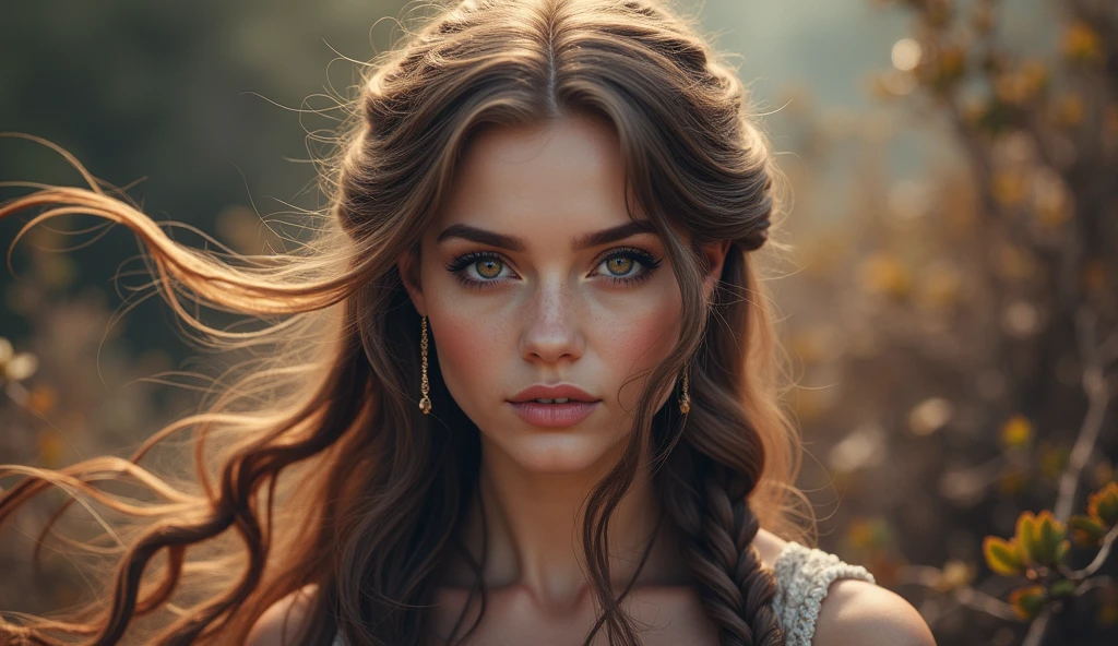 a woman with long, flowing brown hair, beautiful detailed eyes, beautiful detailed lips, extremely detailed face, long eyelashes, intricate braids, windblown hair, soft lighting, warm color palette, cinematic composition, digital art, portrait, photorealistic, (best quality,4k,8k,highres,masterpiece:1.2),ultra-detailed,(realistic,photorealistic,photo-realistic:1.37)