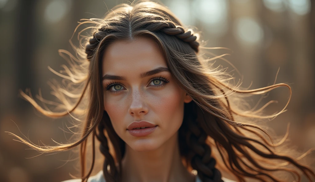 a woman with long, flowing brown hair, beautiful detailed eyes, beautiful detailed lips, extremely detailed face, long eyelashes, intricate braids, windblown hair, soft lighting, warm color palette, cinematic composition, digital art, portrait, photorealistic, (best quality,4k,8k,highres,masterpiece:1.2),ultra-detailed,(realistic,photorealistic,photo-realistic:1.37)