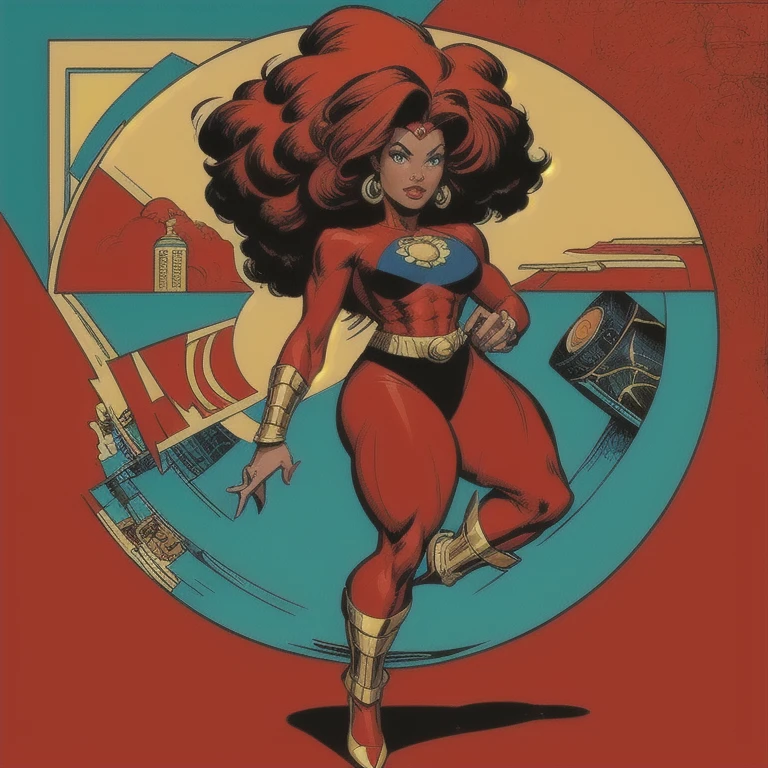 A woman with red top and red headband, female protagonist, black nerd superhero, 90s comic character design, afrofuturism, character portrait, red afro, Anya from Spy x Family, by Ella Guru, modern Darna portrait, full body character portrait, full body character illustration, colorful illustration