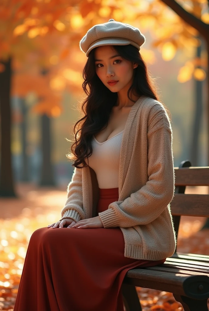 Asian woman, cardigans, long skirt, beret hat, sexy face, sexy pose, sitting on bench, autumn background