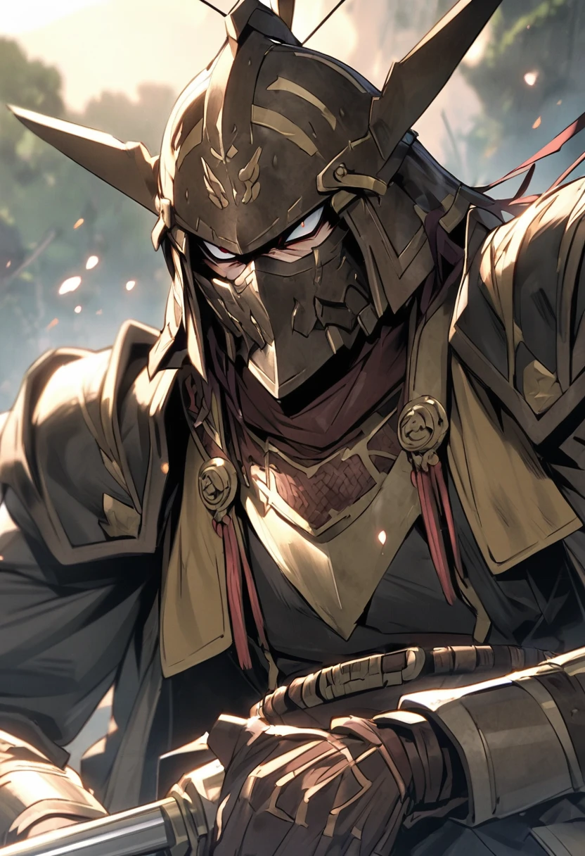 It captured the essence of Honda Tadakatsu.、A close-up of a Sengoku warlord&#39;s face from the front。He has a serious and intense gaze.、Has a distinct facial appearance。Dressed in elaborate traditional armor、He wears a helmet with prominent antlers on the front, signifying his high rank.。The backgrounds include subtle hints of historical Japanese castles and battlefields.、His role as a powerful and influential warlord is highlighted.。」