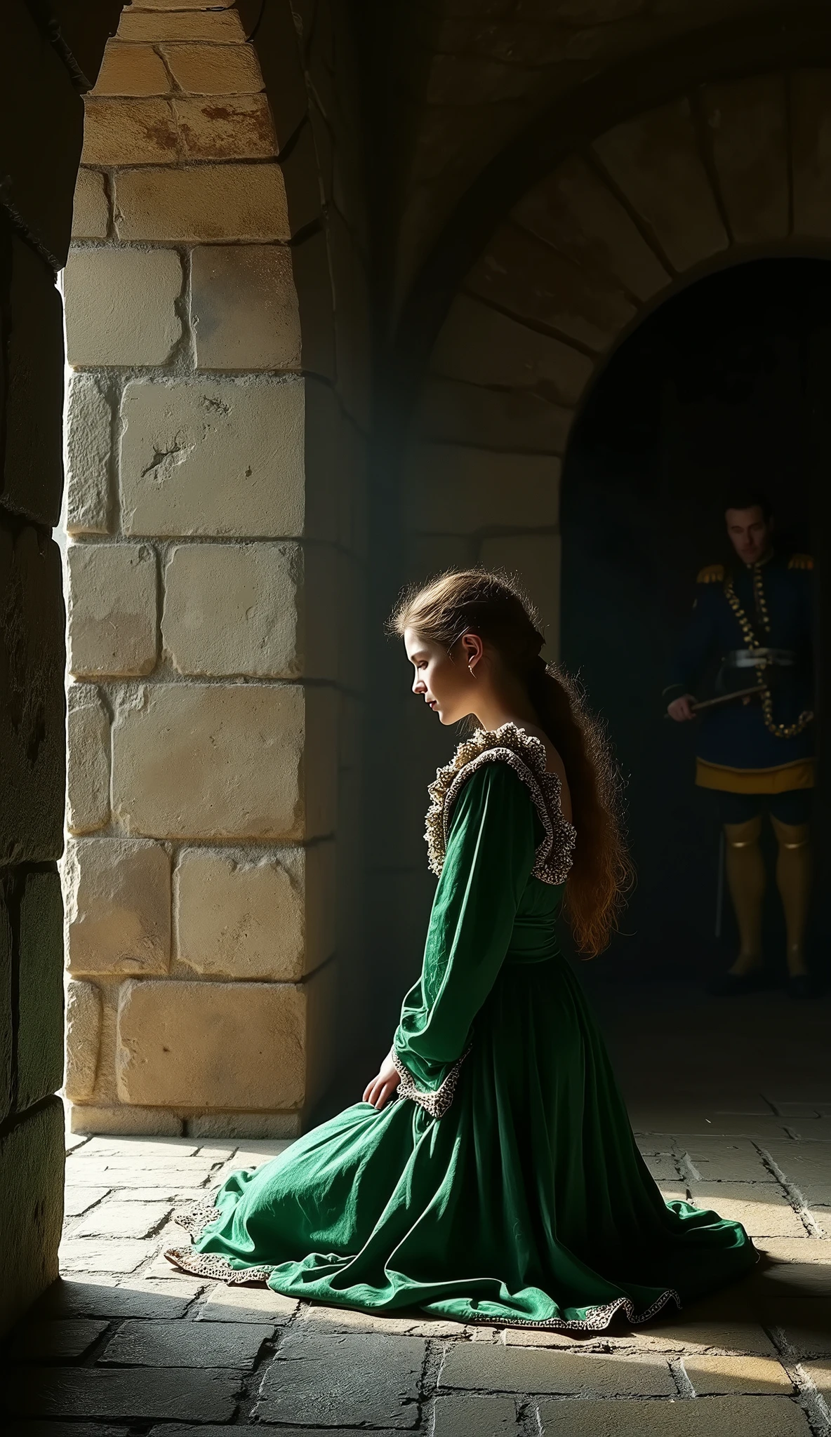 Photographic style: A stone-walled chamber in the Tower of London. A young Catherine Howard kneels in prayer, her vibrant green dress contrasting with the grim surroundings. A guard's shadow looms in the doorway.