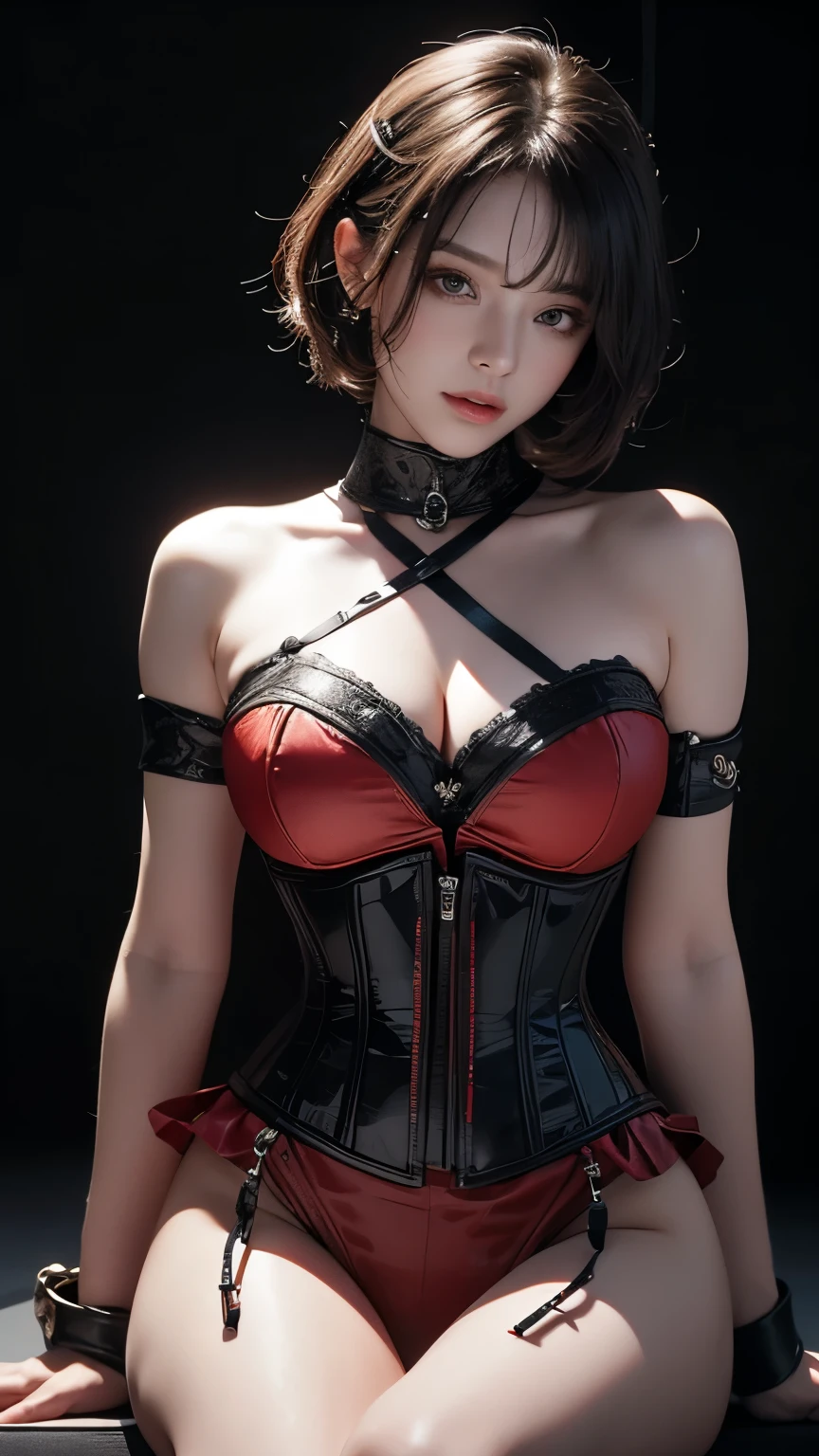 masterpiece, Highest quality, Very detailed, To the camera, 複雑に詳細なVery detailedな, Realistic, Sharp features, Very detailed, Sharp focus, Perfect Face, Perfect Face, Perfect symmetry and perfect eyes, Perfect Plump Lips, Flexible female form, Cinematic, Film Light, Very detailedな, hyper Realistic, masterpiece, Atmospheric, High resolution, Vibrant, Dynamic Studio Lighting, ((Dark Background)), The facial expression when feeling happy, handcuffs, BDSM, slave, Rubber, Red Corset, (赤いfirst round), ((Highest quality, 8k, masterpiece: 1.3)), Sharp focus: 1.2, Beautiful woman with perfect figure: 1.4, Slim Abs: 1.2, Wet body: 1.5, Very detailedな顔と肌の質感, Detailed eyes, double eyelid, Very short hair,((Sm嬢)),((m嬢)),handcuffs,first round,Red and black outfit