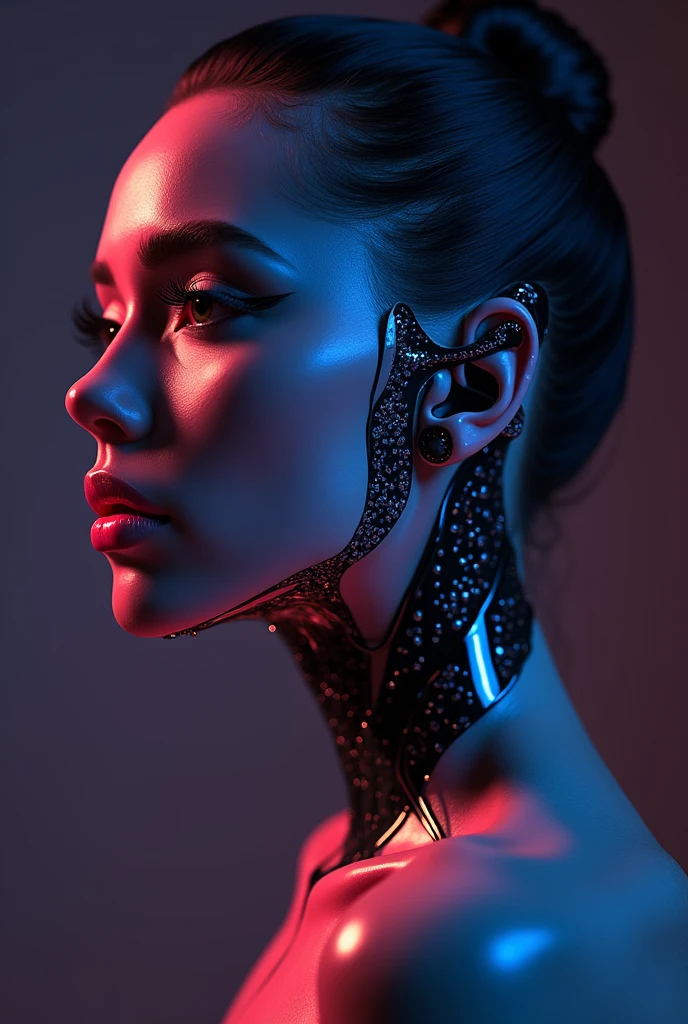 Create a logo for "Roya Glam," a modeling agency specializing in AI models. The design should seamlessly blend elements representing both human and AI models. Incorporate sleek, modern aesthetics that reflect sophistication and innovation. Consider using abstract or geometric shapes to symbolize the fusion of human beauty and advanced technology, with a color palette that exudes elegance and futuristic vibes. The logo should capture the essence of cutting-edge fashion and the seamless integration of AI in the modeling industry.