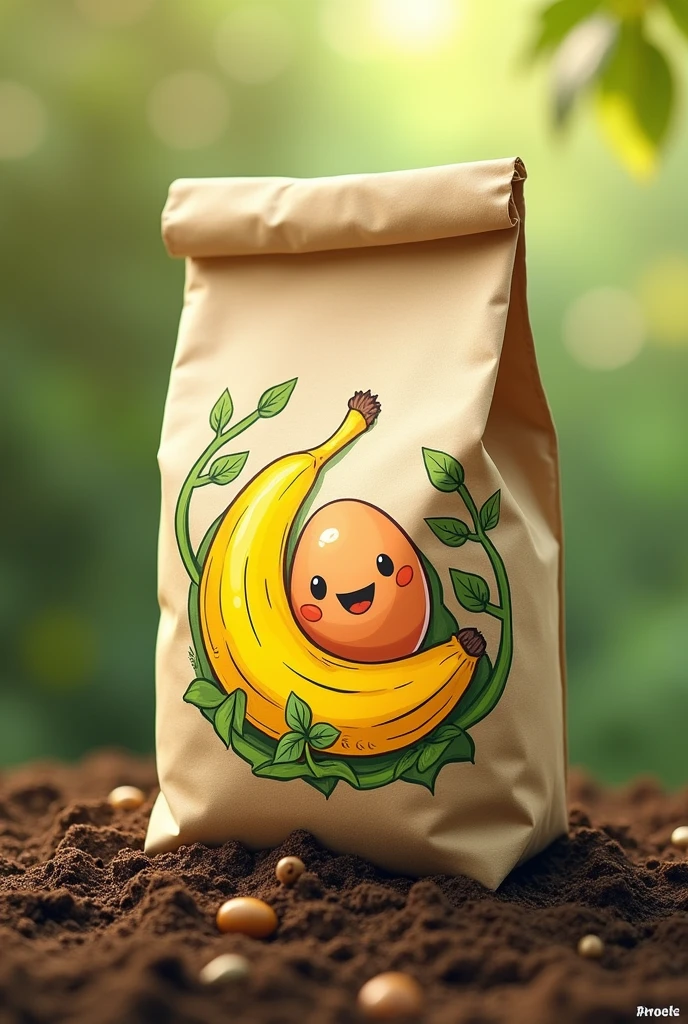 A logo for an organic fertilizer bag made from banana and egg peels that does not leak out of the bag, Just something creative about banana and egg peels  