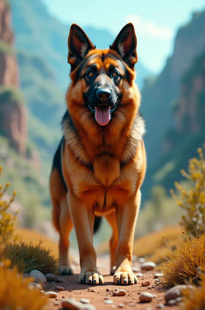Produce a 4K ultra-realistic photo of a German Shepherd in a vivid, colorful setting, emphasizing its muscular body and intense, alert gaze with rich fur colors.”