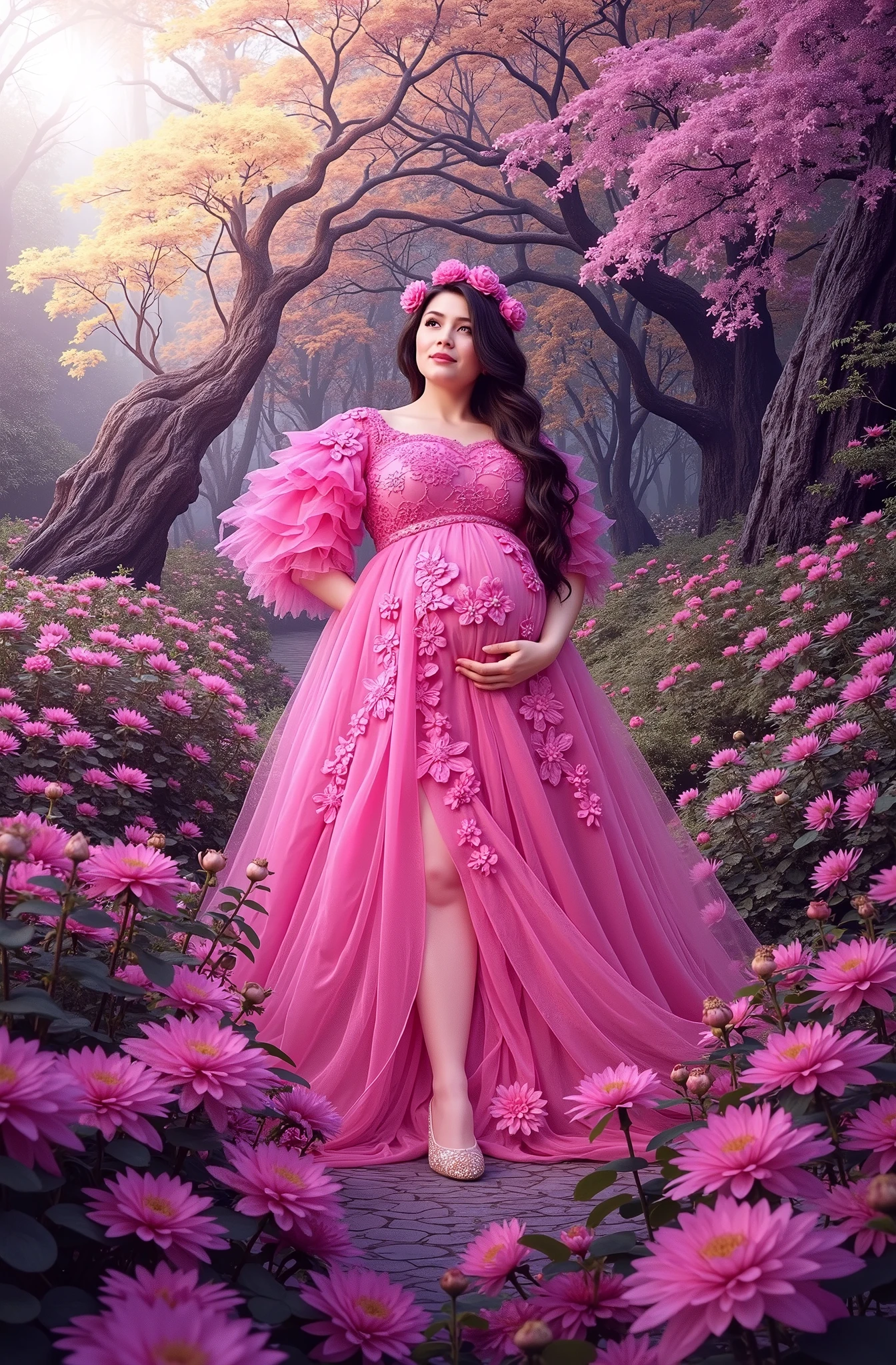 pregnant woman in pink dress standing in a field of flowers, a digital rendering by Gabriel Ba, cg society contest winner, fantasy art, in pink forest, wearing pink floral gown, dressed in a pink dress, maternal photography 4 k, pink forest, lady with glowing flowers dress, fantasy long intricate gown, pink lotus queen, in a whimsical fairytale forest, fantasy photoshoot