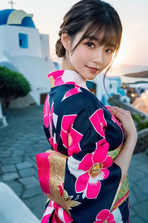 1 person, (Wearing a pink floral kimono.:1.2), Very beautiful Japanese idol portraits, 
(RAW Photos, Highest quality), (Realistic, Realistic:1.4), (masterpiece), 
Very delicate and beautiful, Very detailed, 2k wallpaper, wonderful, finely, Very detailed CG Unity 8k 壁紙, Very detailed, High resolution, Soft Light, 
Beautiful details, Very detailed目と顔, Beautiful and sophisticated nose, Beautiful and beautiful eyes, Cinema Lighting, 
(Commemorative photo on Santorini Island:1.3), (White Building), (blue sky), (Church bells), (Aegean Sea),
(Japanese hairstyle), (Tie your hair at the back:1.3), (bangs), (hairpin), 
Complete Anatomy, Slender body, Small breasts, smile