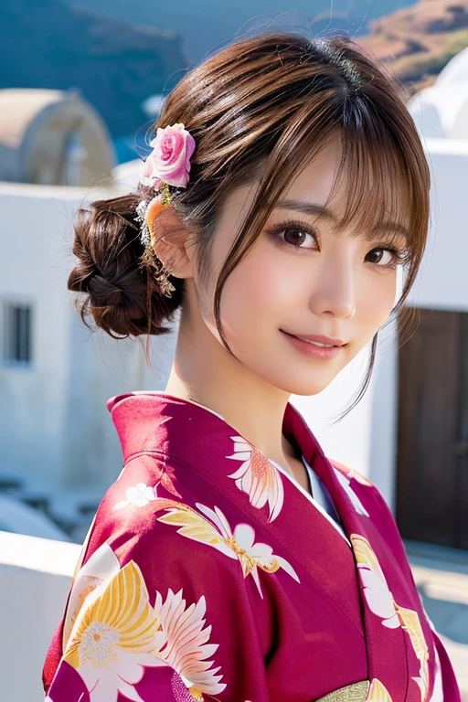 1 person, (Wearing a pink floral kimono.:1.2), Very beautiful Japanese idol portraits,
(RAW Photos, Highest quality), (Realistic, Realistic:1.4), (masterpiece),
Very delicate and beautiful, Very detailed, 2k wallpaper, wonderful, finely, Very detailed CG Unity 8k 壁紙, Very detailed, High resolution, Soft Light,
Beautiful details, Very detailed目と顔, Beautiful and sophisticated nose, Beautiful and beautiful eyes, Cinema Lighting,
(Commemorative photo on Santorini Island:1.3), (White Building), (blue sky), (Church bells), (Aegean Sea),
(Japanese hairstyle), (Tie your hair at the back:1.3), (bangs), (hairpin),
Complete Anatomy, Slender body, Small breasts, smile