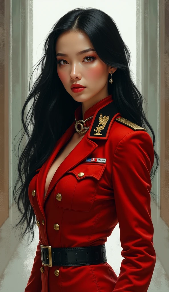 (work of art:1.2, best qualityer), 1 lady, you, standing alone, photorealisitic, Science fiction film, Science fiction, Science fiction, karo, trunk, breasts small, facefocus, realisitic, pastel painting, mighty, smart, sensuous, detailedeyes (intimidating look, eyes browns) fine-detailed, long black hair, best CG, (wearing German red 2 world karo general uniform), Military, Area strength,  Greatness of the Army,