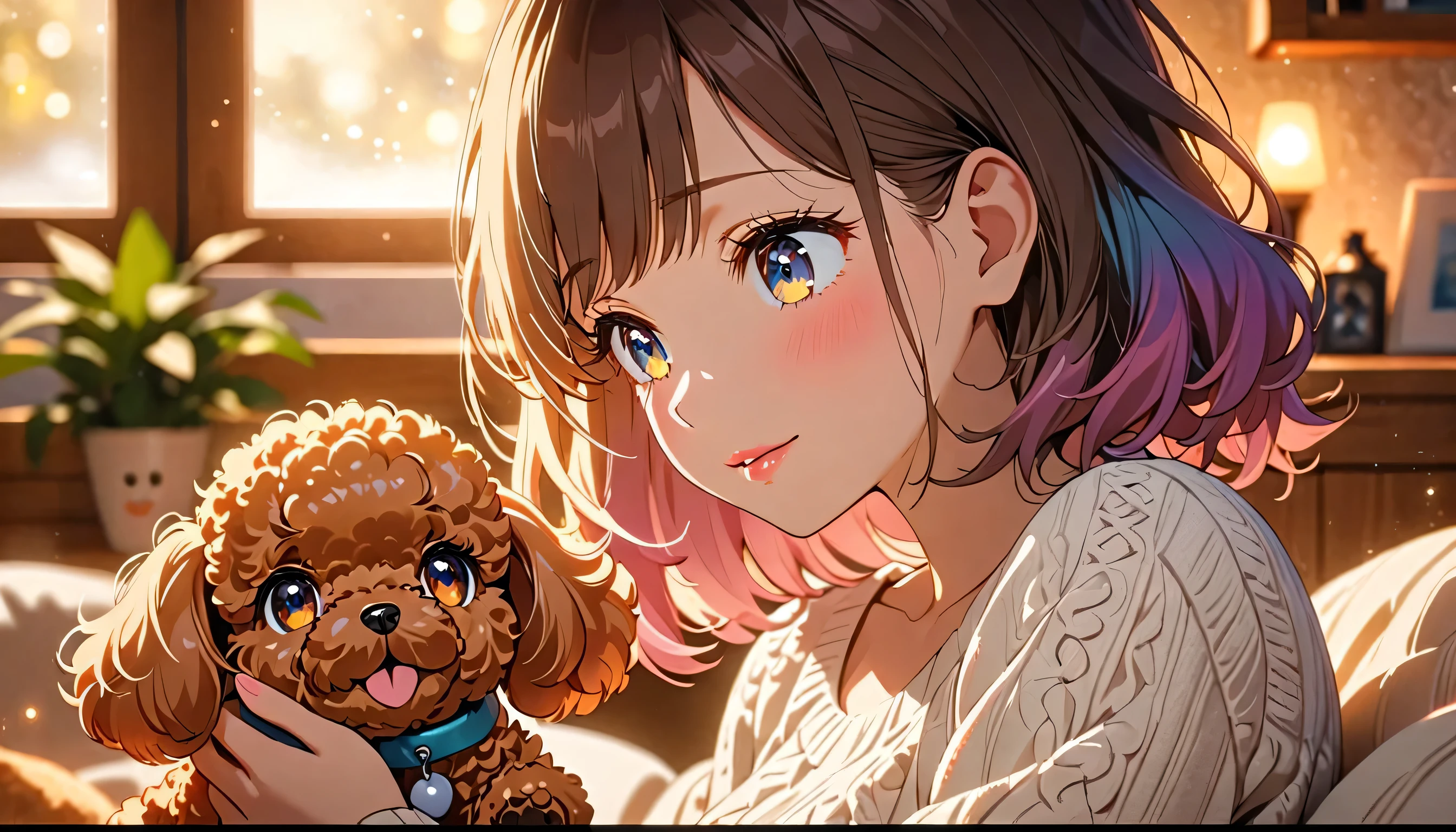 a girl holding a bread in home, talking to excited toy poodle, detailed face, beautiful eyes, delicate lips, long eyelashes, detailed texture, studio lighting, 8k, animetic, highly detailed, beautiful vibrant colors, warm lighting, serene atmosphere, intimate moment, cozy home interior, depth of field, soft focus, masterpiece