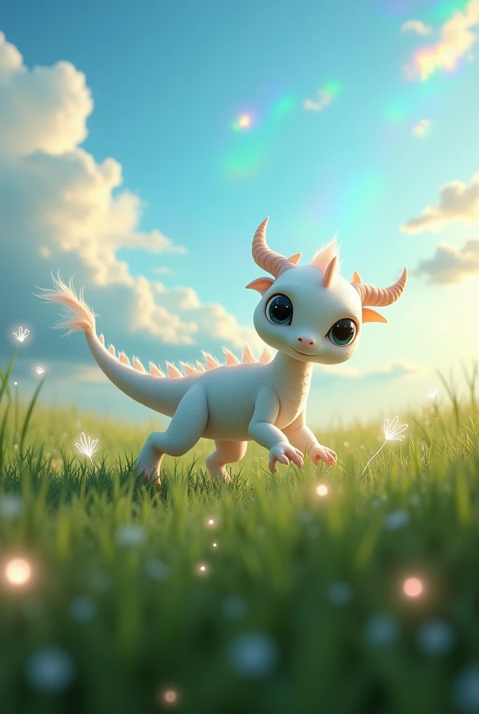 ((Actual photo)), ((A realistic picture)), ((The real world)) pure white dragon, I'm walking through the grass and playing with tiny glowing white light spirits.. There is a blue sky and rainbow colored clouds..