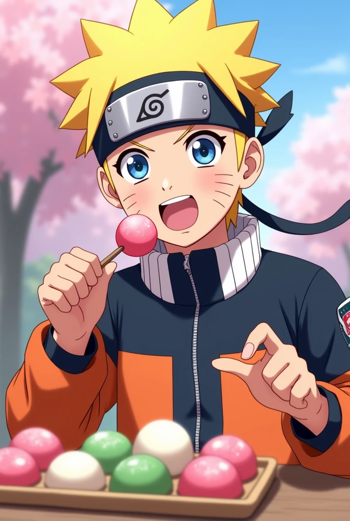 Naruto eats pink, white, green hanami dango