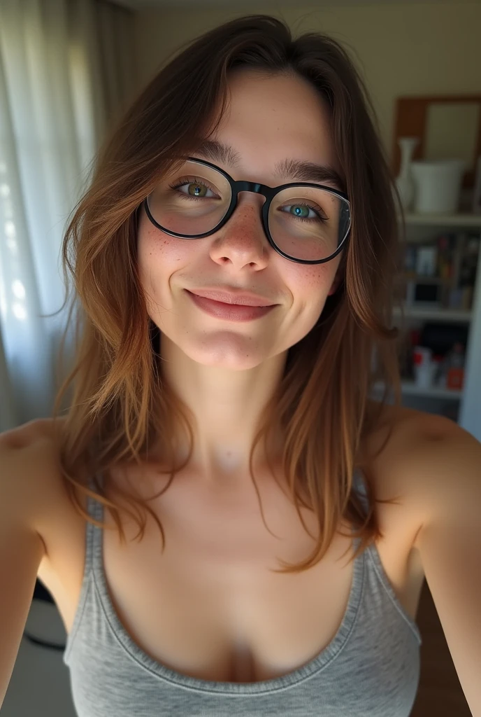 A moderately fat ager, White skin , brown hair with glasses and has many freckles, with a tank top on The image is taken selfie style with a cell phone in front of a mirror