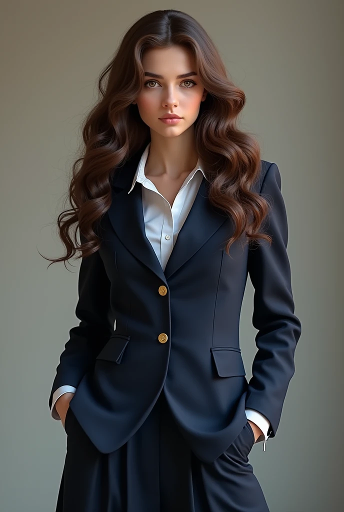 A beautiful female student with long curly brown hair, wearing a navy blue school uniform that has golden buttons.
